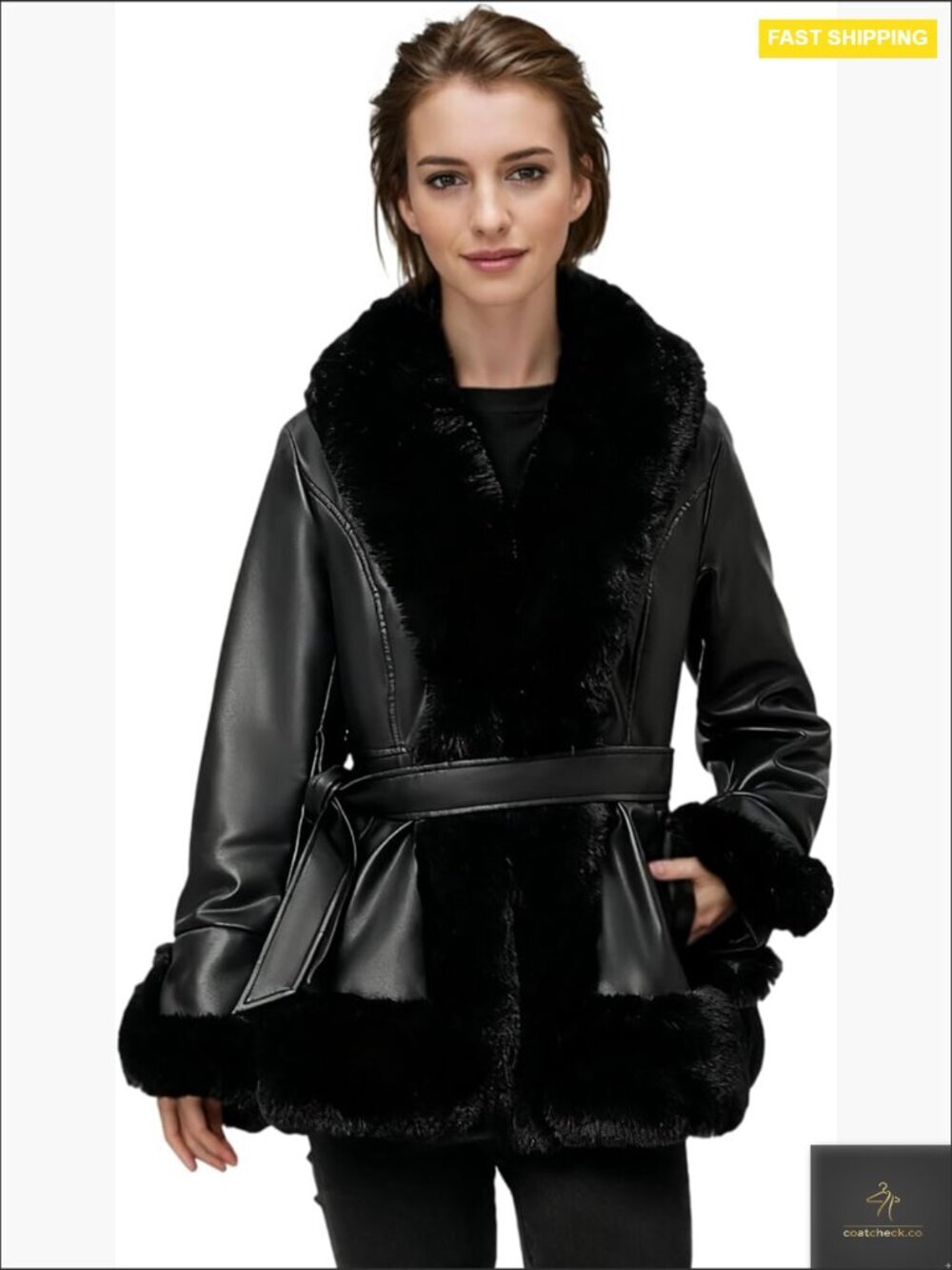 Faux Fur Leather Jacket Winter Pea Coat Drawstring Waist Slant Pockets Long